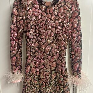 Sequin Long Sleeve Dress with Feather Cuffs